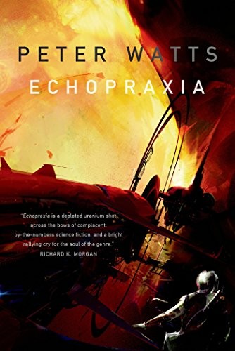 Cover of the Tor paperback edition of Echopraxia by Peter Watts, a stark composition in dark blues and blacks evoking a vessel adrift against deep space