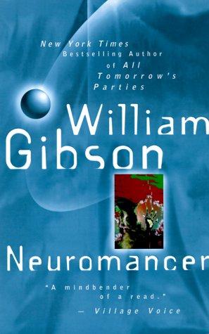 Cover of the Ace paperback edition of Neuromancer by William Gibson, a blue-tinted photo composition with a small red-and-black inset image and the tagline calling it a mindbender of a read