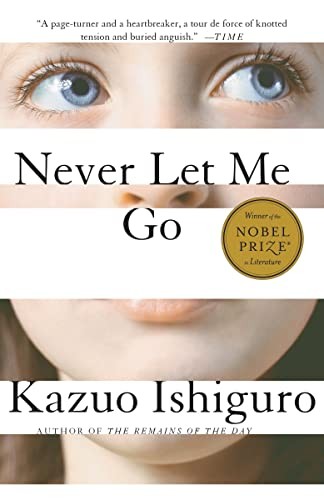 Cover of the Vintage International paperback edition of Never Let Me Go by Kazuo Ishiguro, a muted photograph of an empty English landscape under an overcast sky