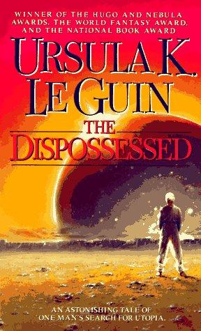 Cover of the Eos paperback edition of The Dispossessed by Ursula K. Le Guin, showing two moons over a stark landscape split between the twin worlds of Anarres and Urras