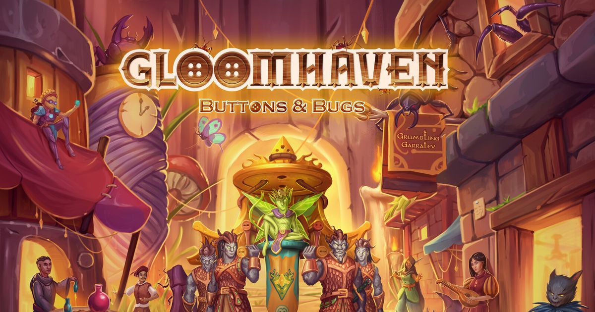 Box art for Gloomhaven: Buttons and Bugs showing a whimsical fairy-like character on a throne surrounded by armored companions in a warmly lit tavern scene