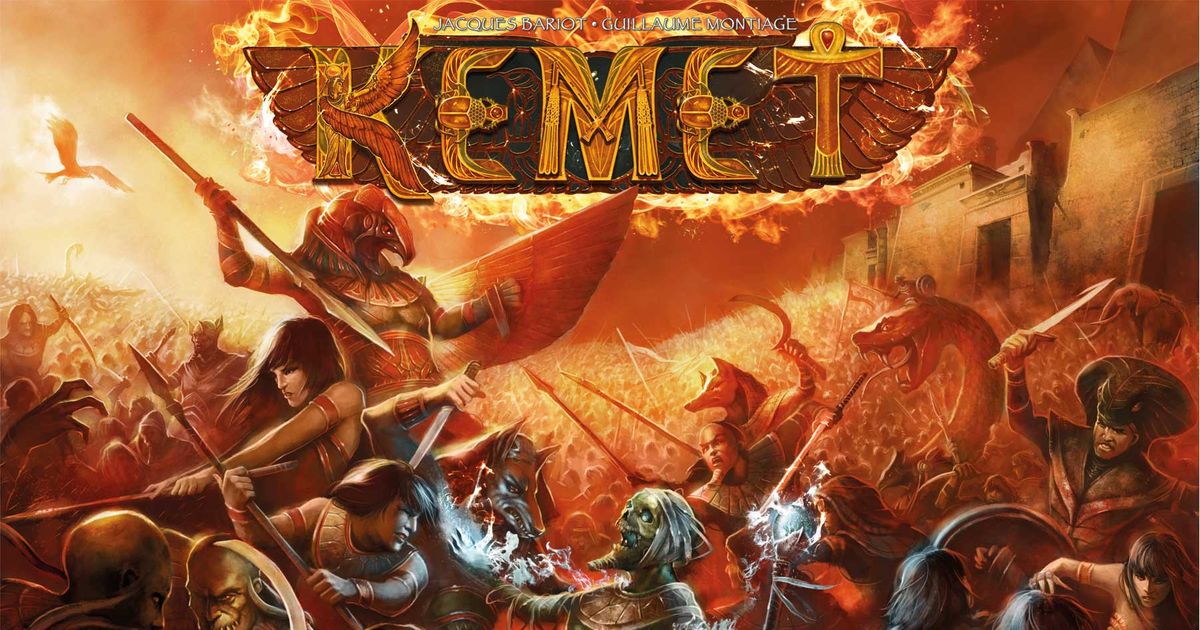 Box art for Kemet showing ornate Egyptian-themed armies clashing beneath towering monuments in a golden desert setting