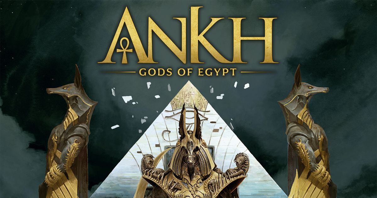 Box art for Ankh: Gods of Egypt showing stylized Egyptian deity miniatures posed dramatically against a desert backdrop in warm gold tones