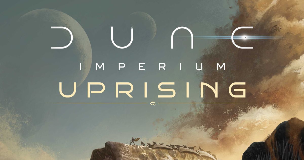Box art for Dune: Imperium Uprising showing armored faction leaders standing before a vast desert dune under a stormy orange sky