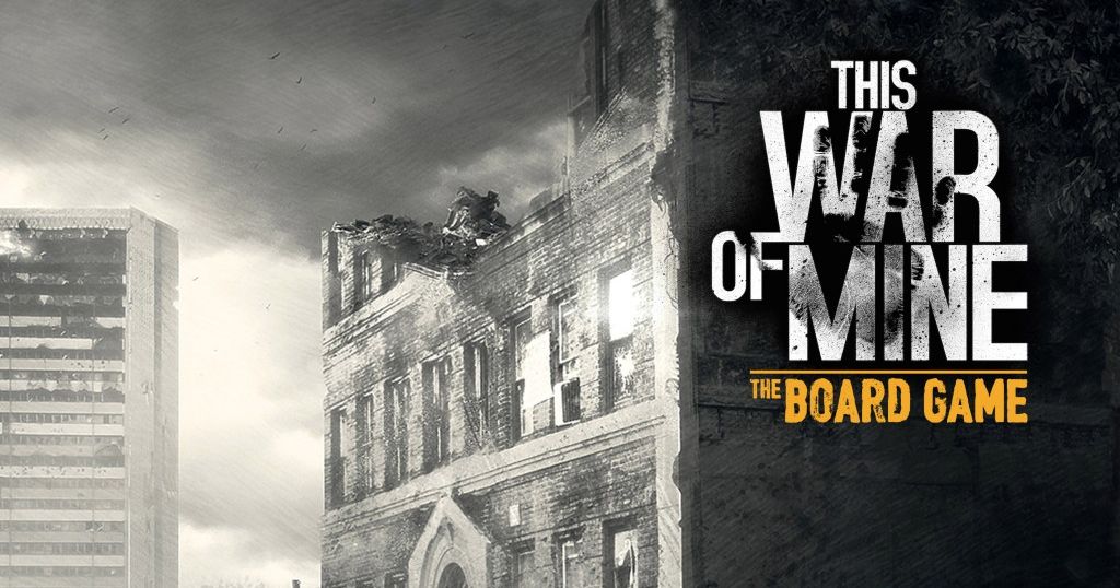 Box art for This War of Mine: The Board Game showing a somber, war-torn cityscape rendered in muted grays and browns