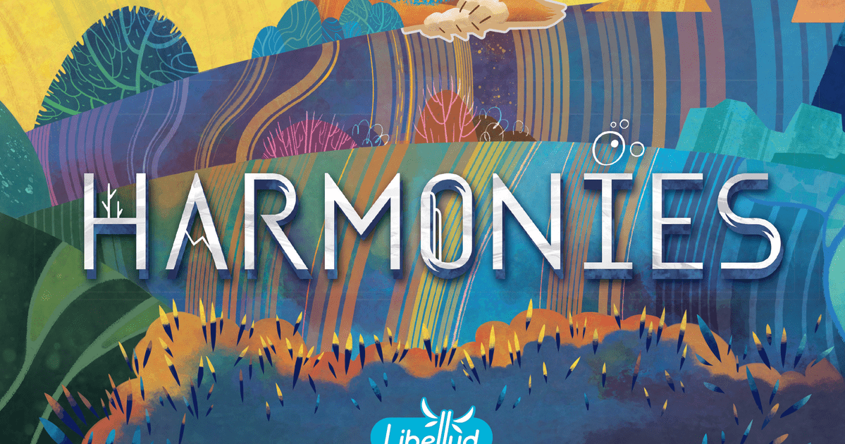 Box art for Harmonies showing colorful stacked terrain tokens forming miniature landscapes with small illustrated wildlife